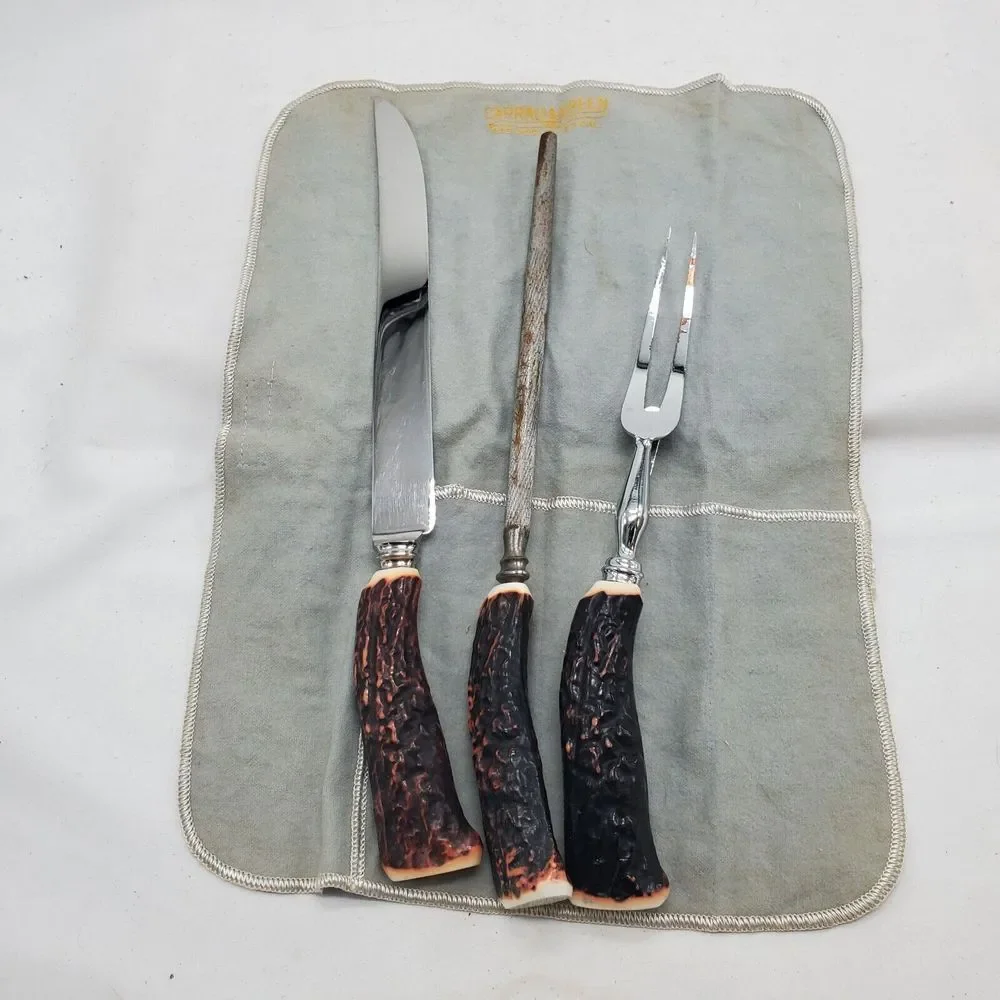 Vintage‎ Sheffield Everbrite Faux Antler 3pc Cutlery Carving Set Made in England